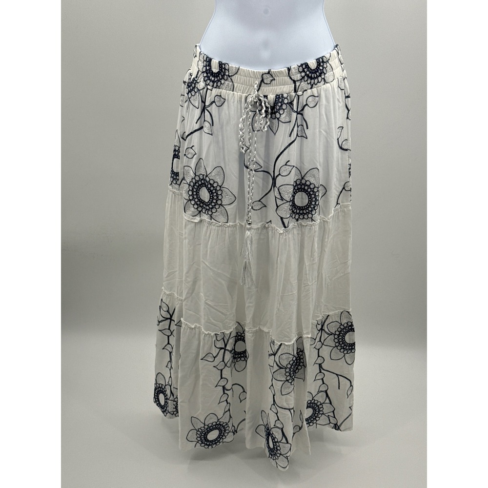 Mermaid Fashion Womens White Navy Blue Floral Embroidered Tiered Maxi Skirt M - Picture 2 of 9